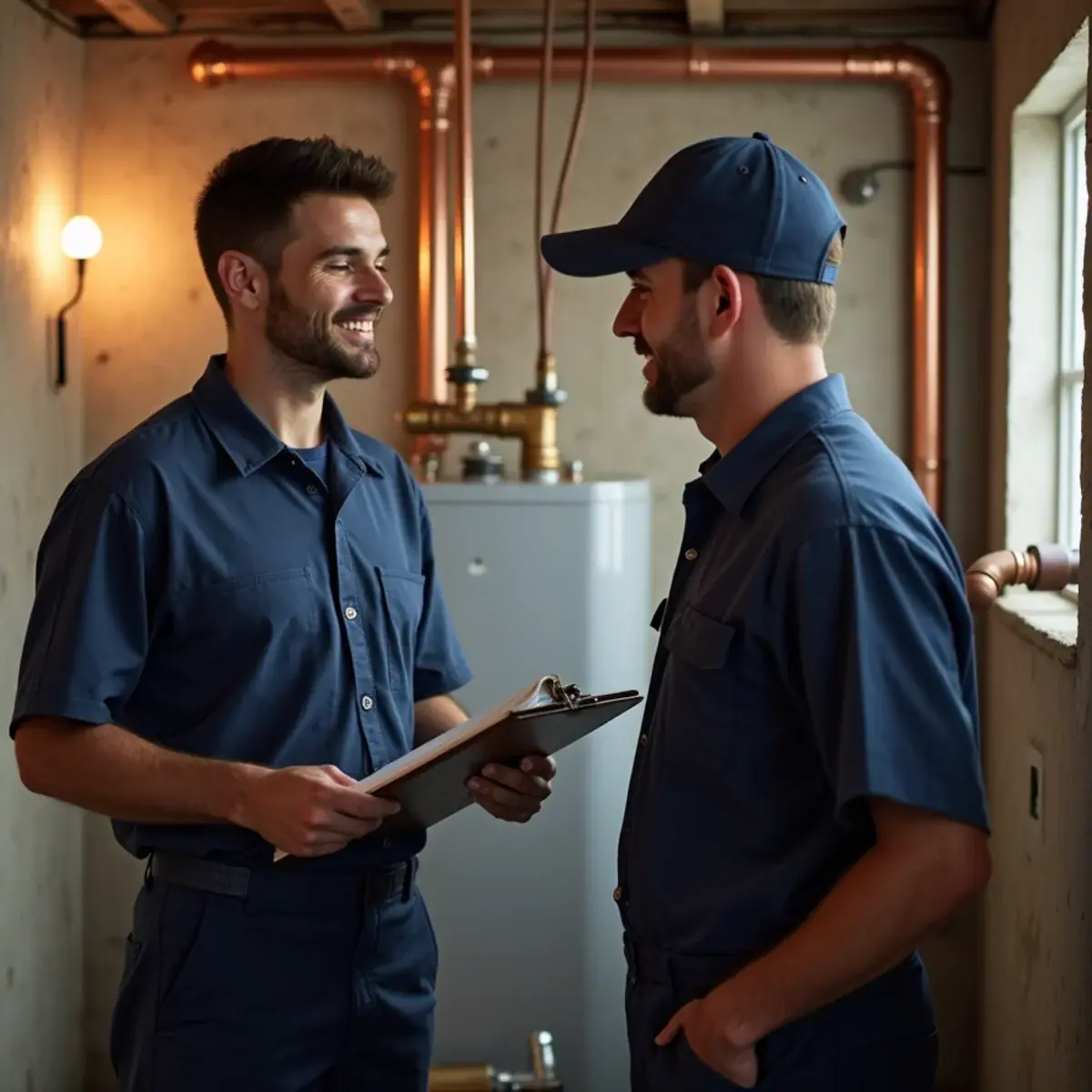 Plumber going over a written repair quote in a Villa Park, IL basement before work starts