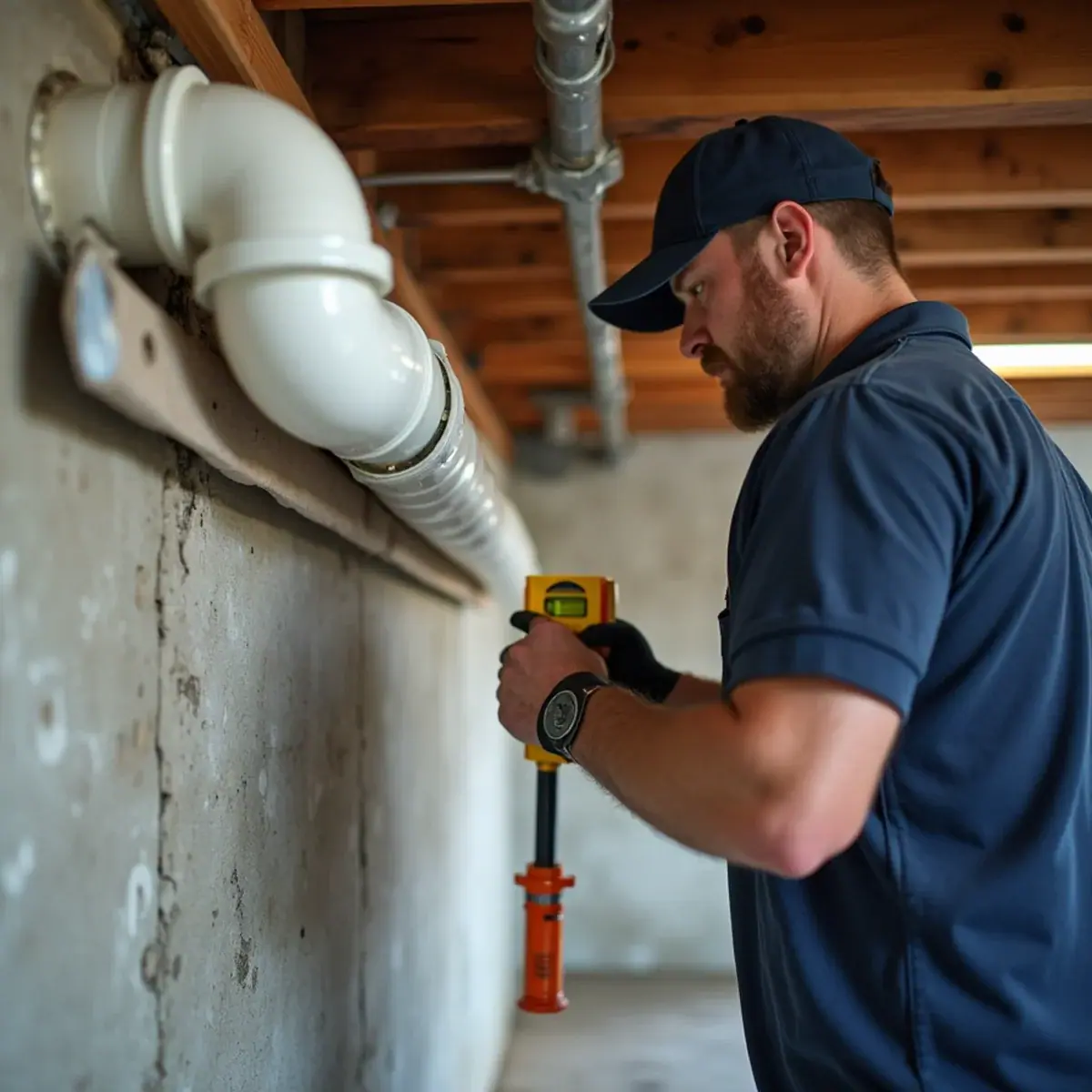 Plumber checking the slope of new overhead sewer piping in a Villa Park, IL basement