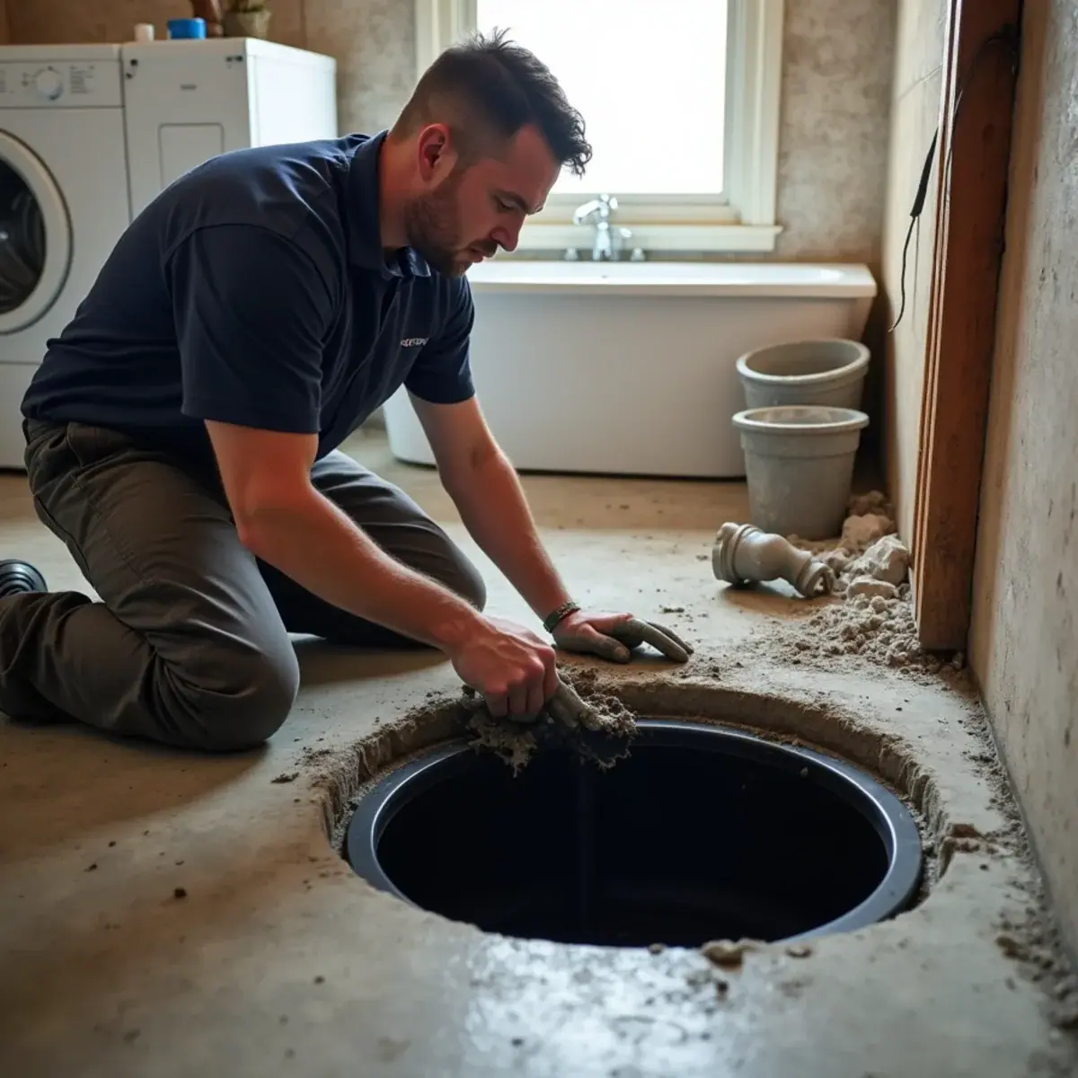 Plumber preparing the opening for a sealed ejector pit in a Villa Park, IL basement floor