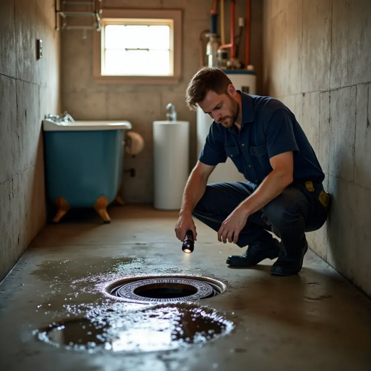 Sewer water pooling around a basement floor drain in a Villa Park, IL home