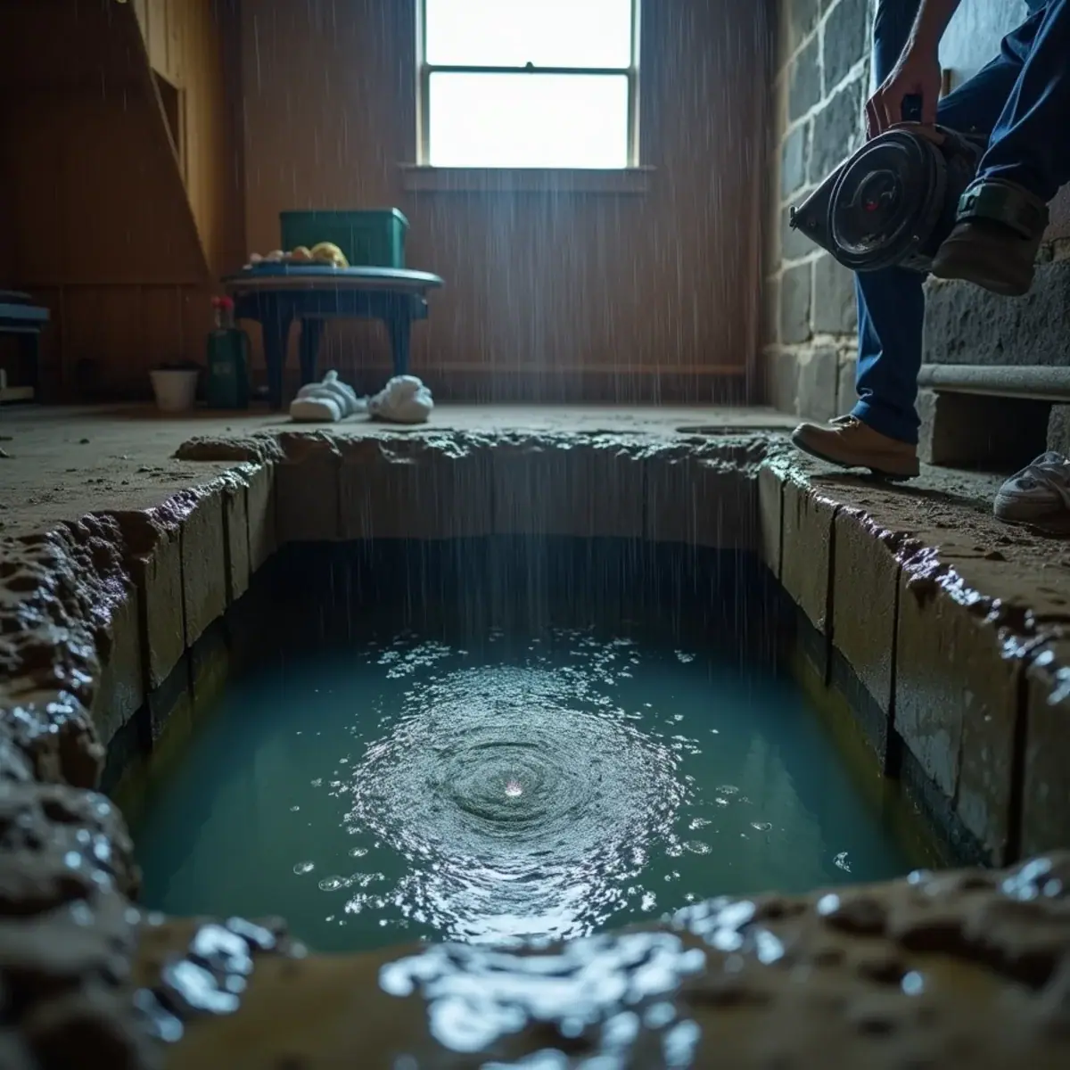 Sump pit filling with groundwater after a spring storm in a Villa Park, IL basement