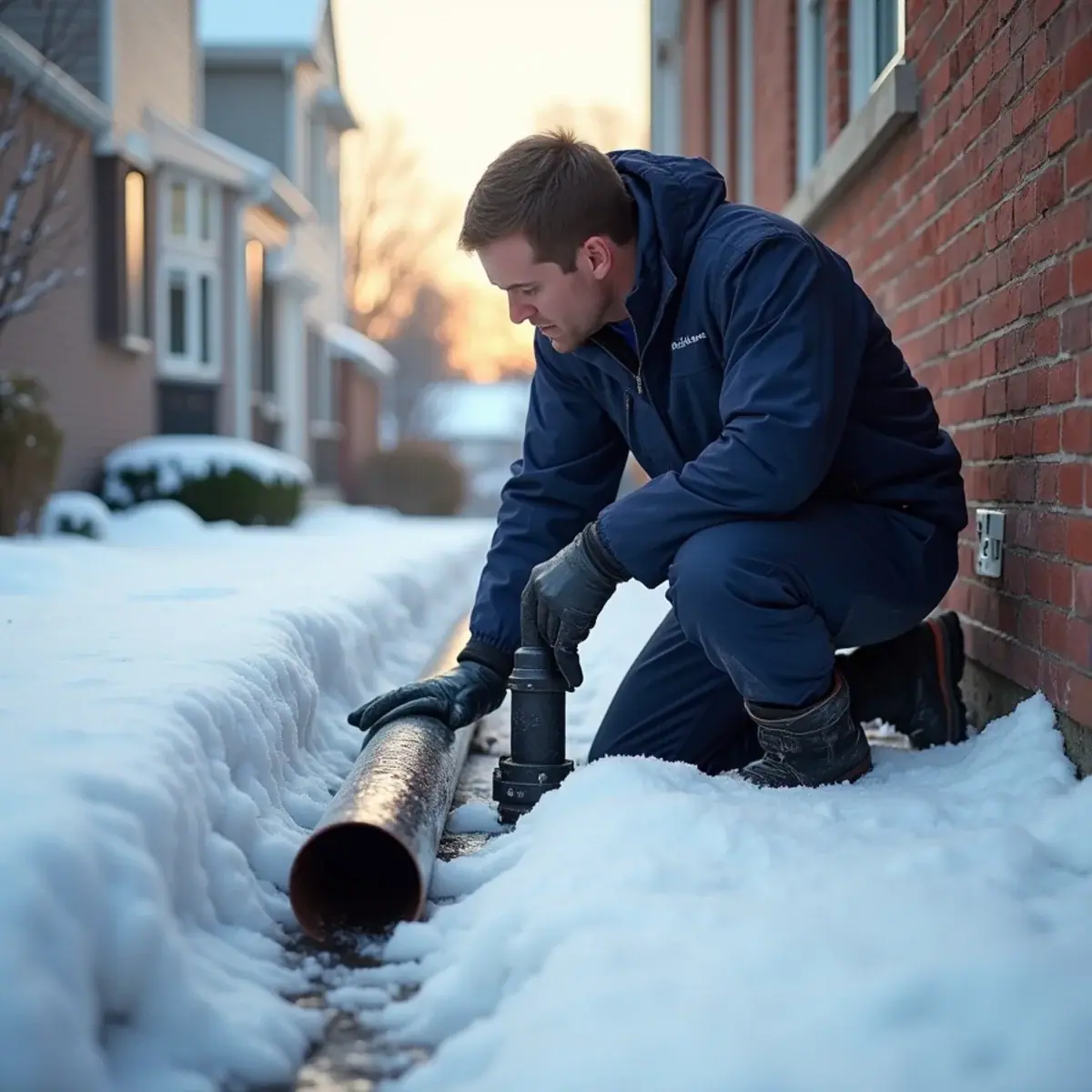 Frozen sump pump discharge line outside a house in a DuPage County winter