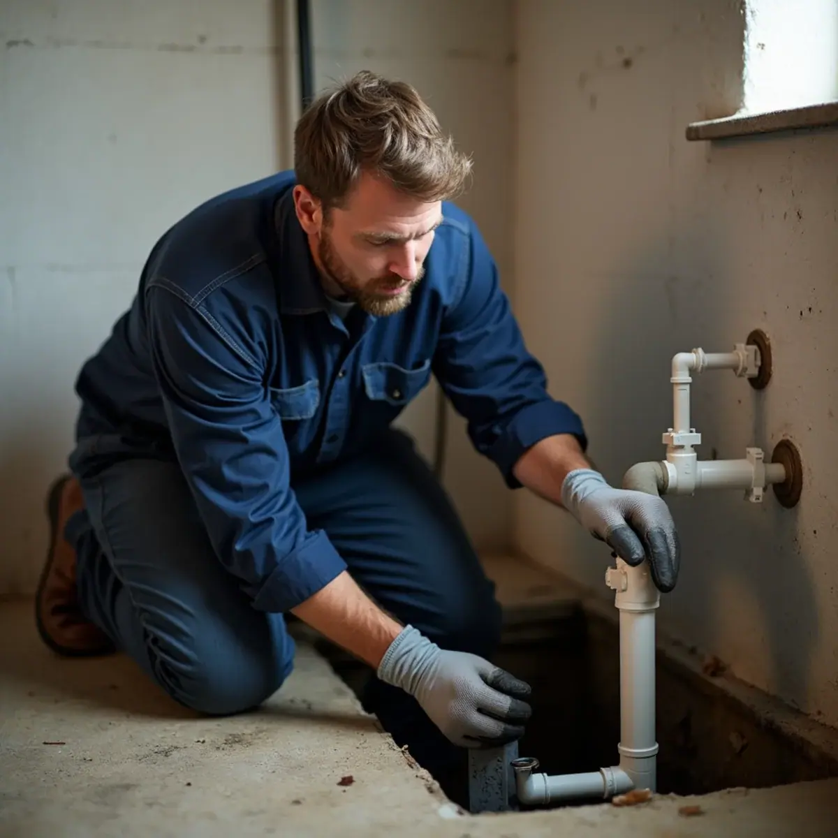 Plumber checking the discharge piping of a sump pump in a Villa Park, IL basement