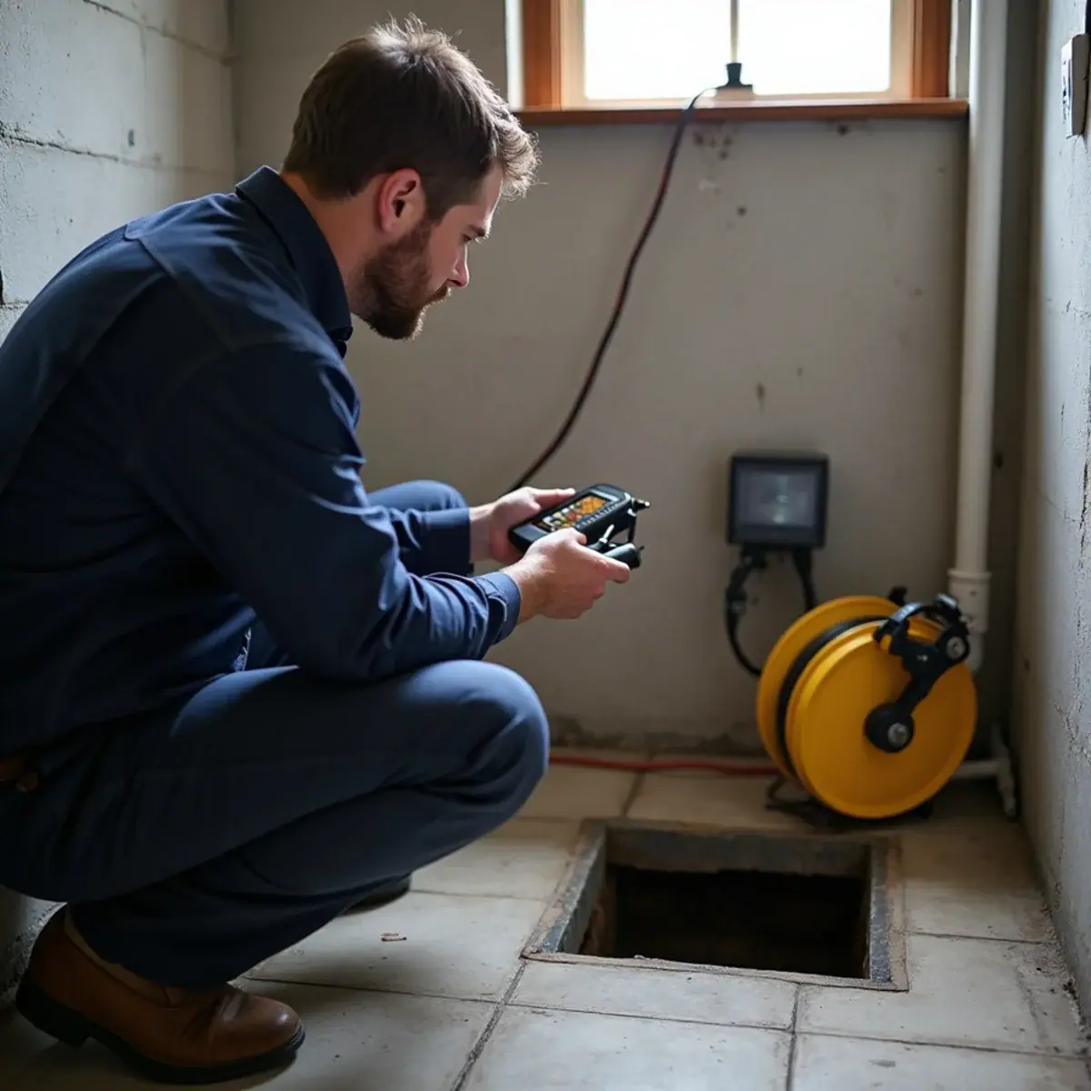 Plumber reading a sewer camera monitor at an open basement drain in a Villa Park, IL home