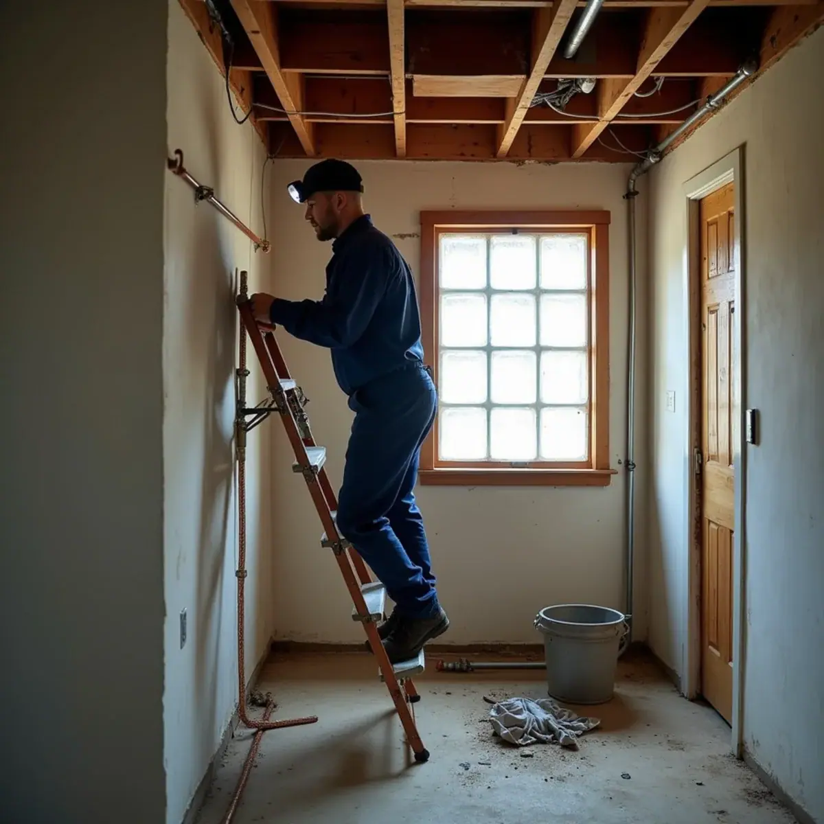 Plumber on a ladder repairing a burst pipe in a Villa Park, IL basement