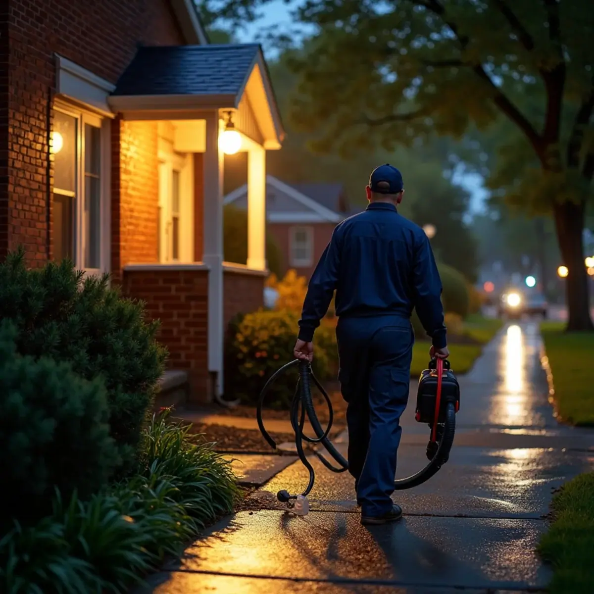 Emergency plumber heading to a brick bungalow on a rainy night in Villa Park, IL