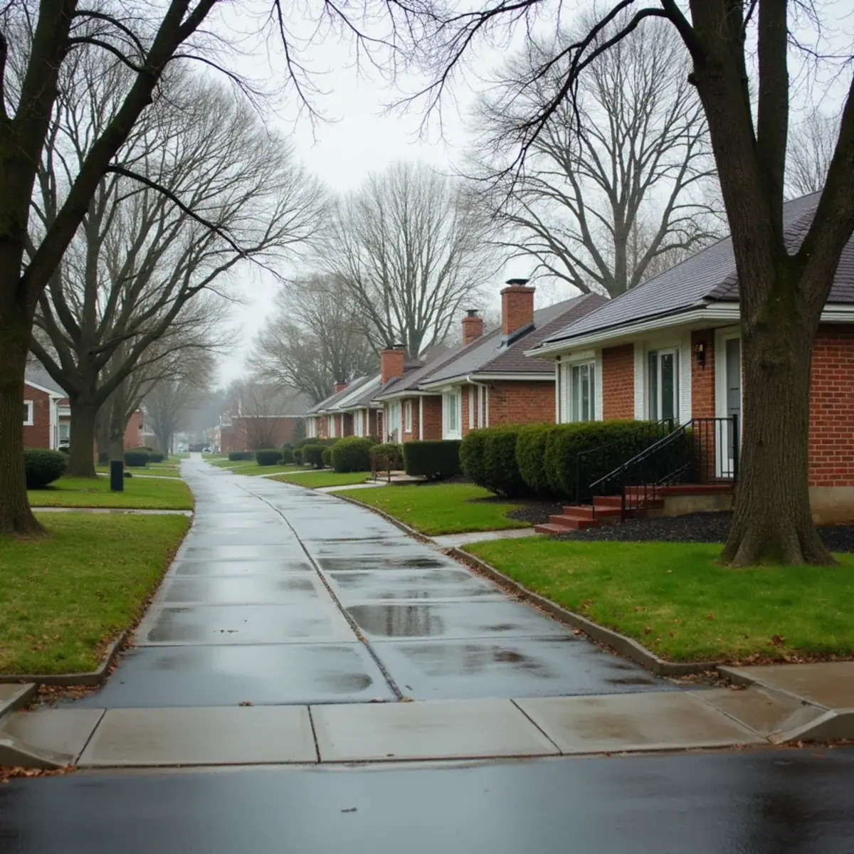 Brick ranch homes along a rain-wet residential street near Salt Creek in Addison, IL