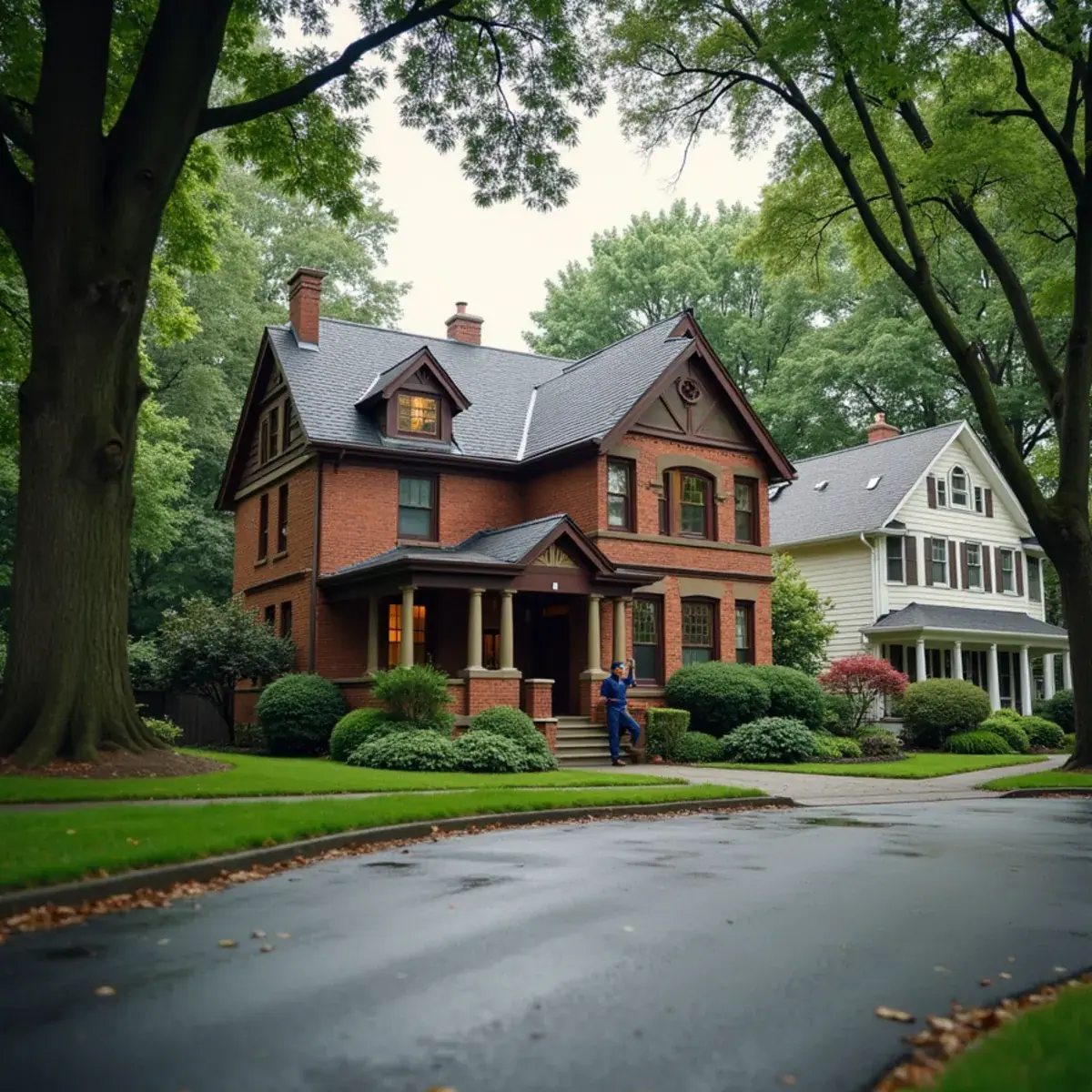 Older brick home and neighboring houses on a tree-lined street in Elmhurst, IL