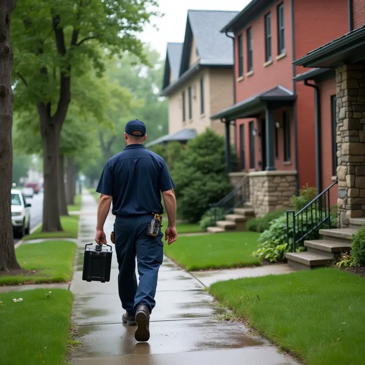 Plumber walking past older brick homes on a tree-lined street in Elmhurst, IL