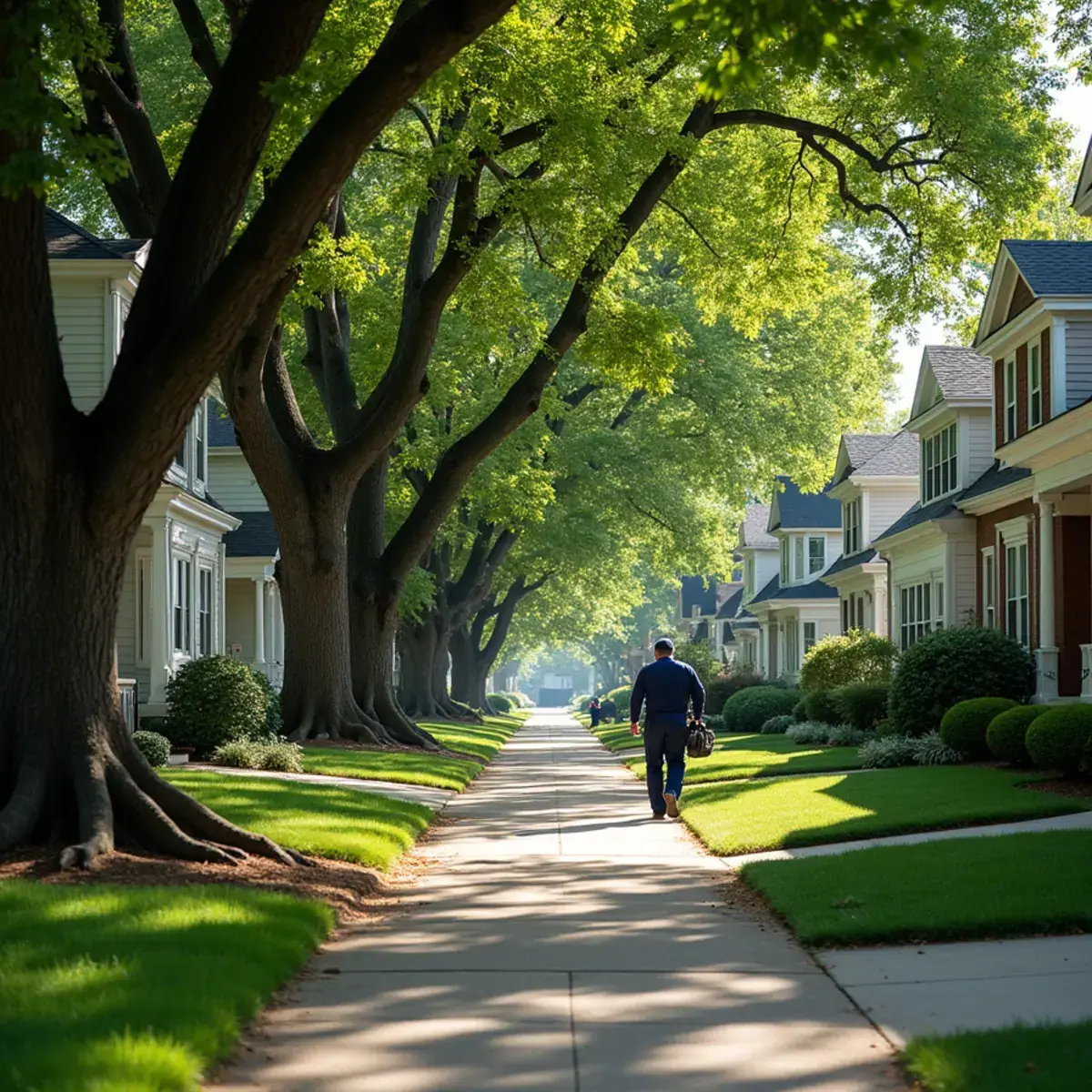 Historic homes under mature oak trees on a hilly street near Lake Ellyn in Glen Ellyn, IL