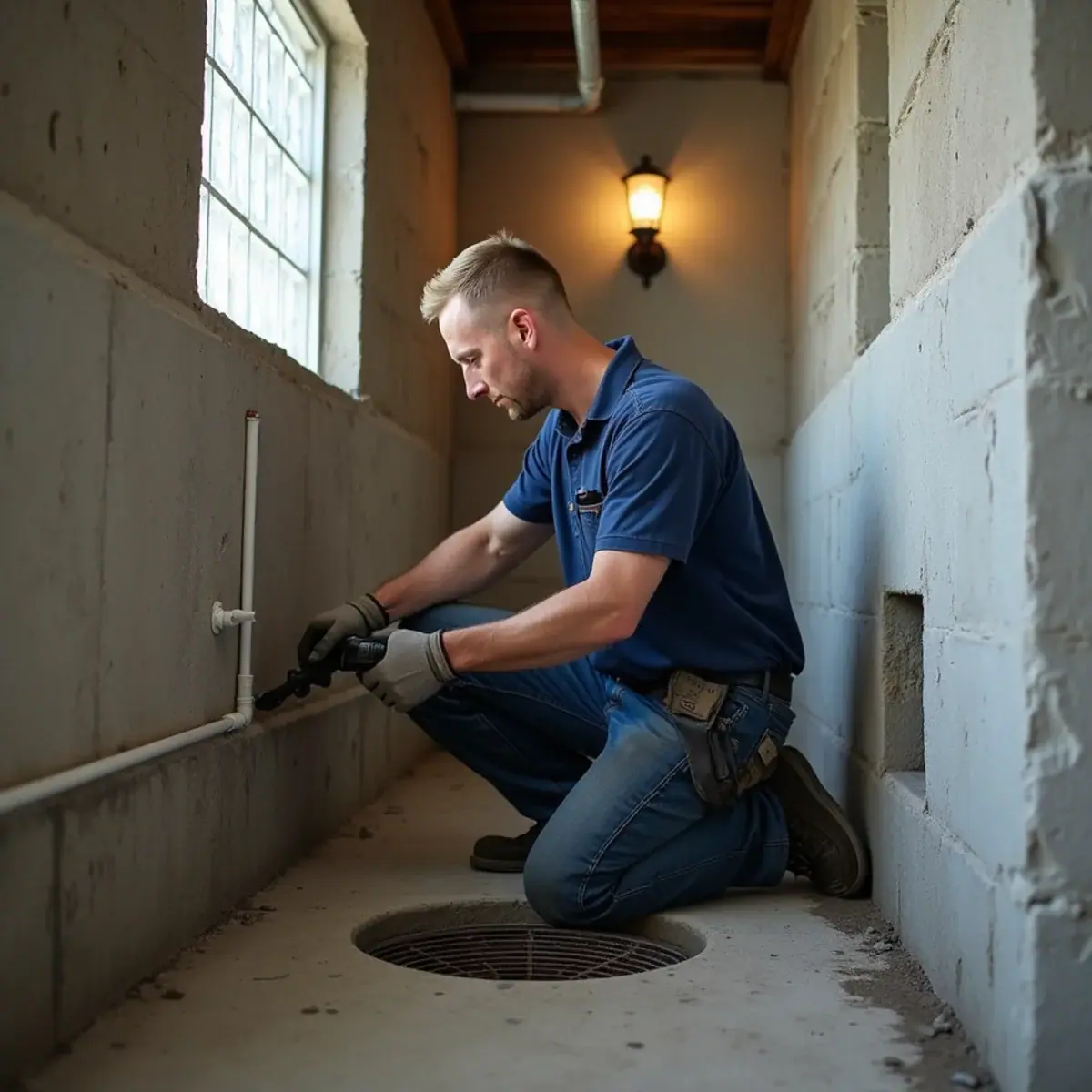 Plumber working on sewer piping beside a basement floor drain in a Lombard, IL home
