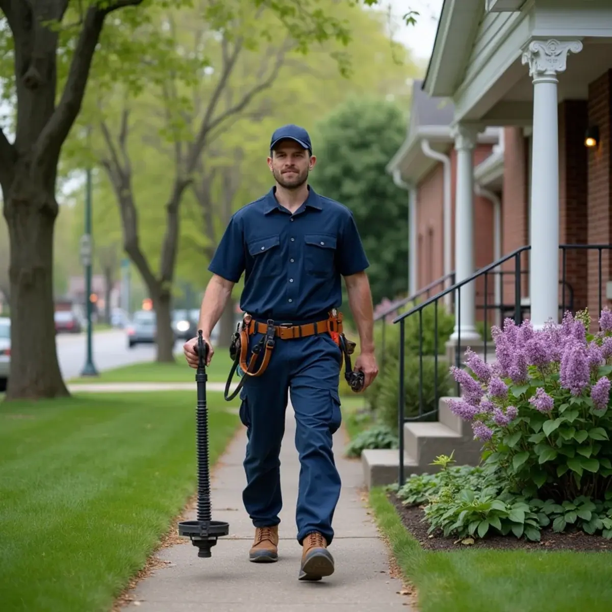 Plumber carrying a drain auger along a lilac-lined sidewalk in Lombard, IL