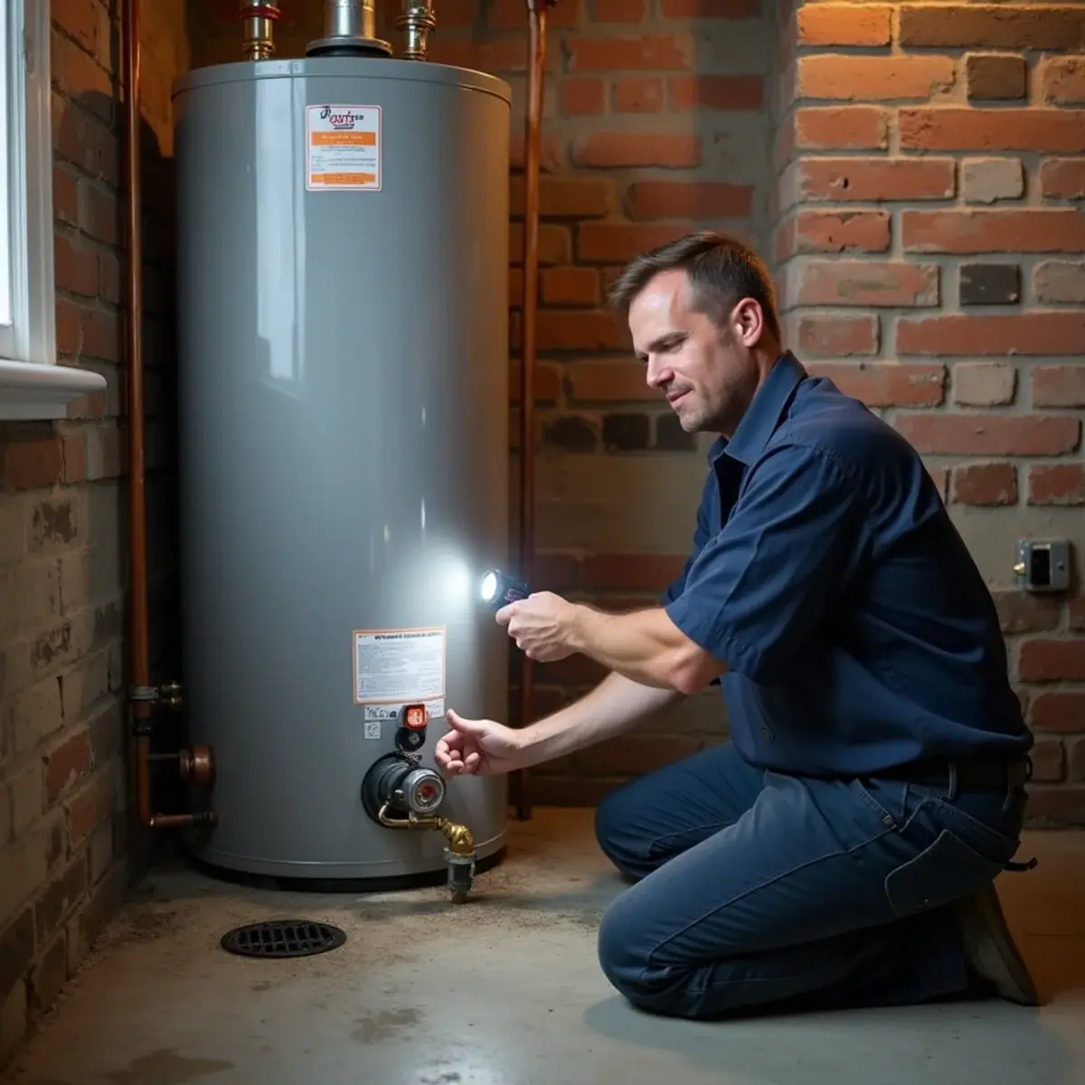 Plumber inspecting the gas control on a water heater in a Villa Park, IL basement